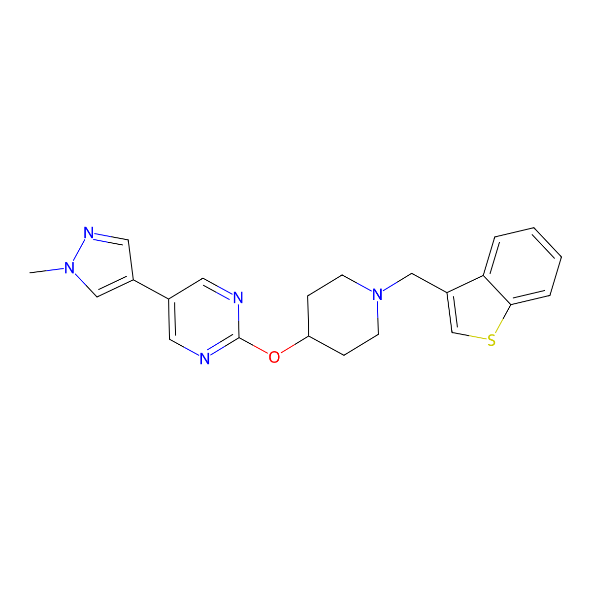 2-({1-[(1-benzothiophen-3-yl)methyl]piperidin-4-yl}oxy)-5-(1-methyl-1H-pyrazol-4-yl)pyrimidine molecular structure, CAS 2549055-46-9