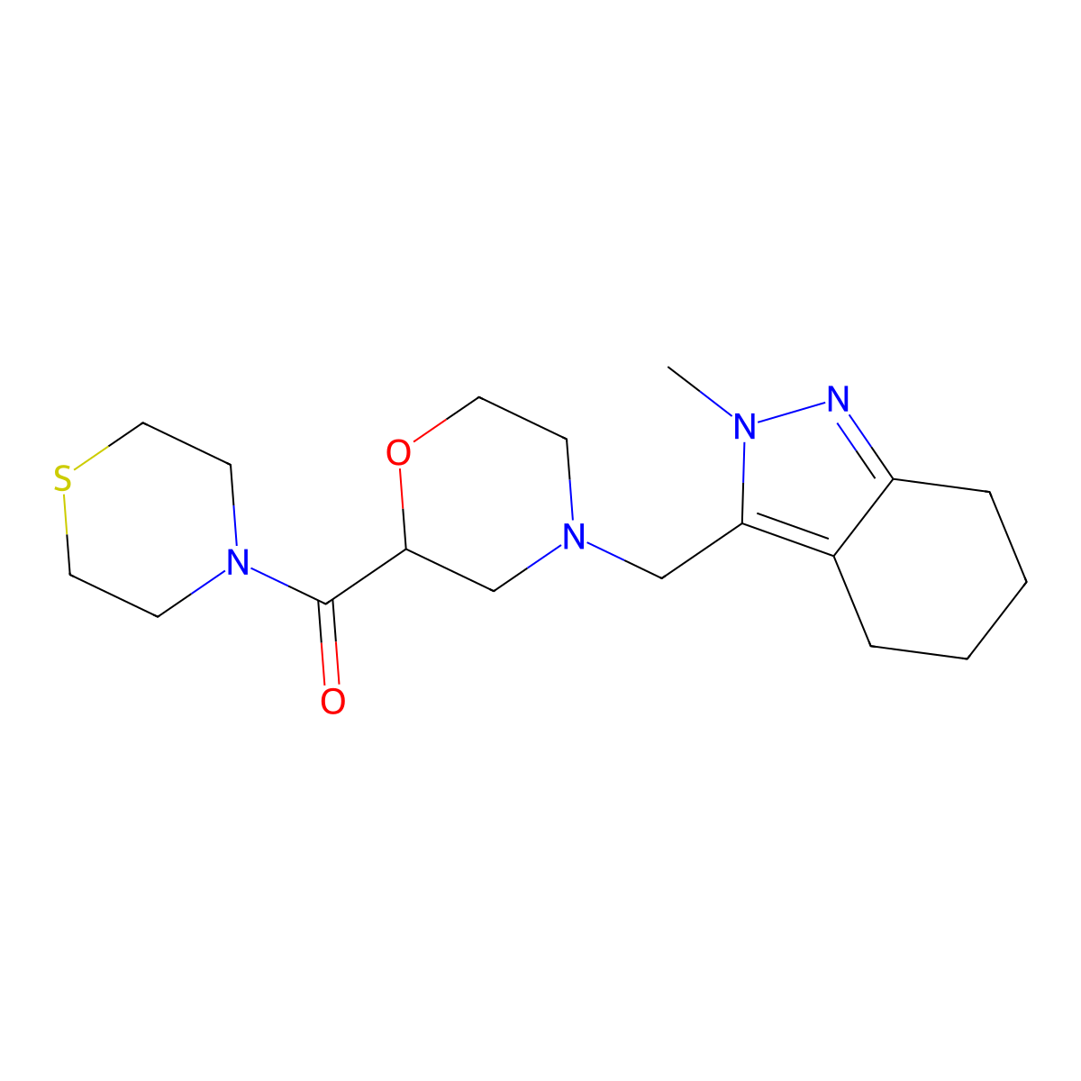 2-methyl-3-{[2-(thiomorpholine-4-carbonyl)morpholin-4-yl]methyl}-4,5,6,7-tetrahydro-2H-indazole molecular structure, CAS 2549055-47-0