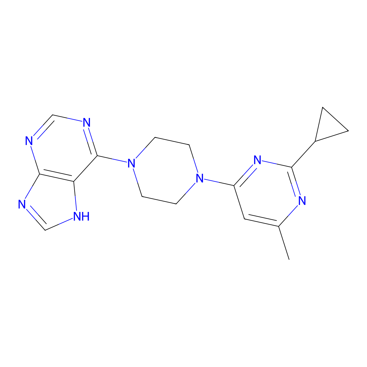 6-[4-(2-cyclopropyl-6-methylpyrimidin-4-yl)piperazin-1-yl]-9H-purine molecular structure, CAS 2549055-53-8