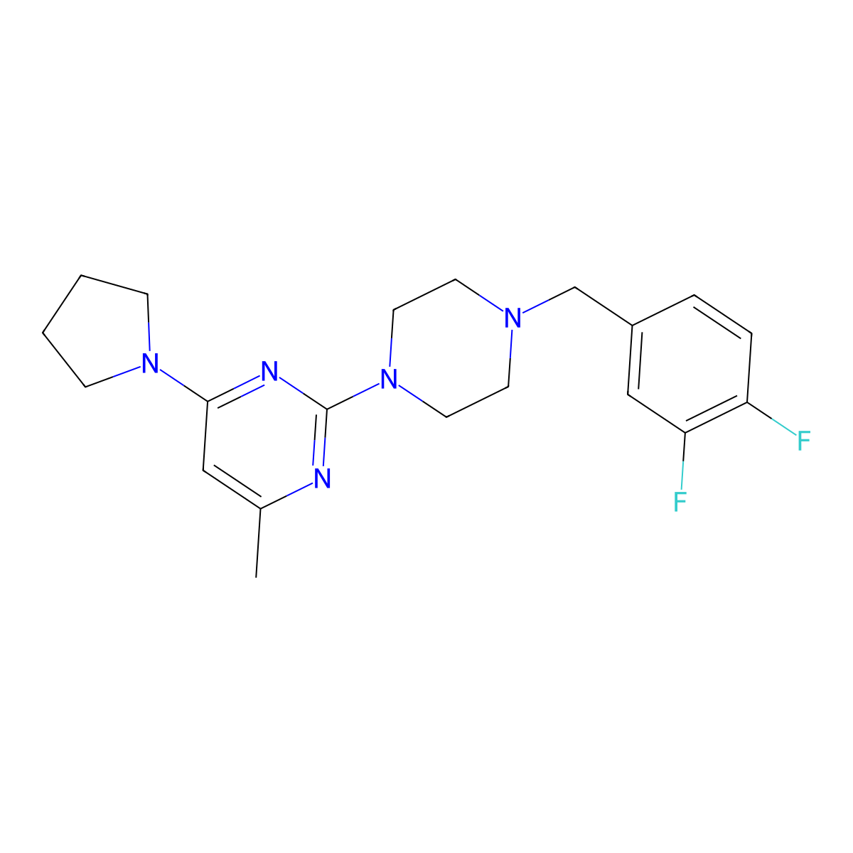 2-{4-[(3,4-Difluorophenyl)methyl]piperazin-1-yl}-4-methyl-6-(pyrrolidin-1-yl)pyrimidine molecular structure, CAS 2549055-55-0