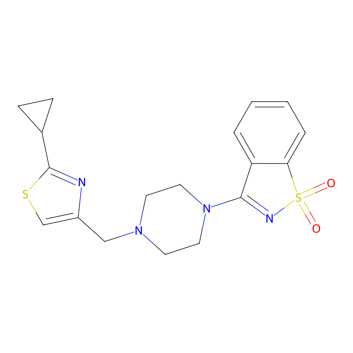 3-{4-[(2-Cyclopropyl-1,3-thiazol-4-yl)methyl]piperazin-1-yl}-1lambda6,2-benzothiazole-1,1-dione molecular structure, CAS 2549055-56-1