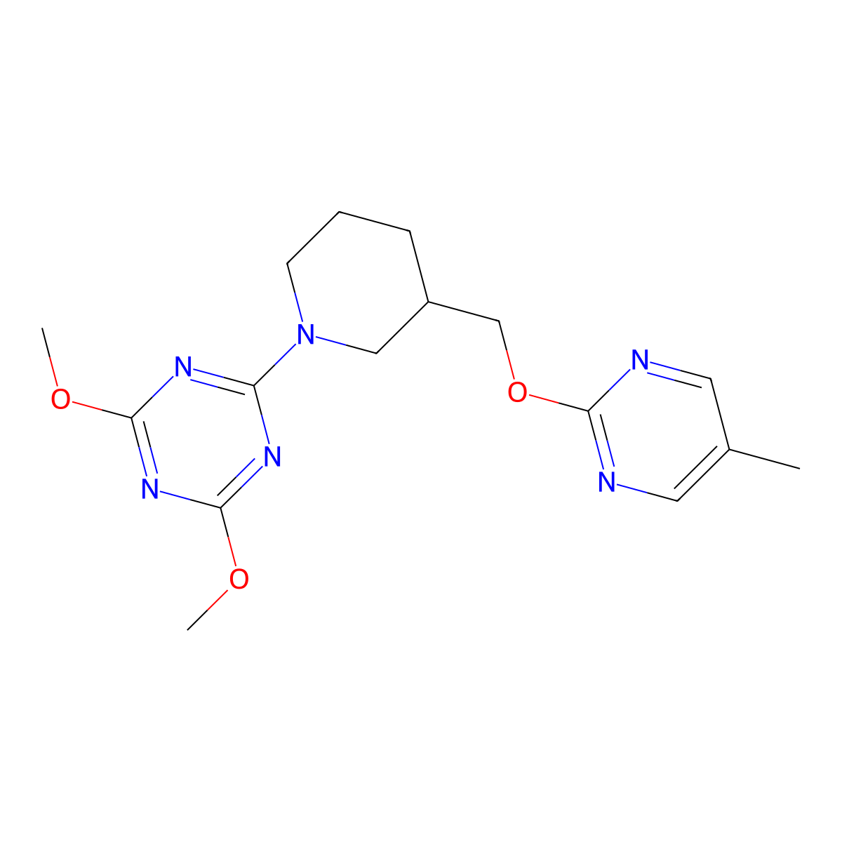 2,4-Dimethoxy-6-(3-{[(5-methylpyrimidin-2-yl)oxy]methyl}piperidin-1-yl)-1,3,5-triazine molecular structure, CAS 2549055-60-7