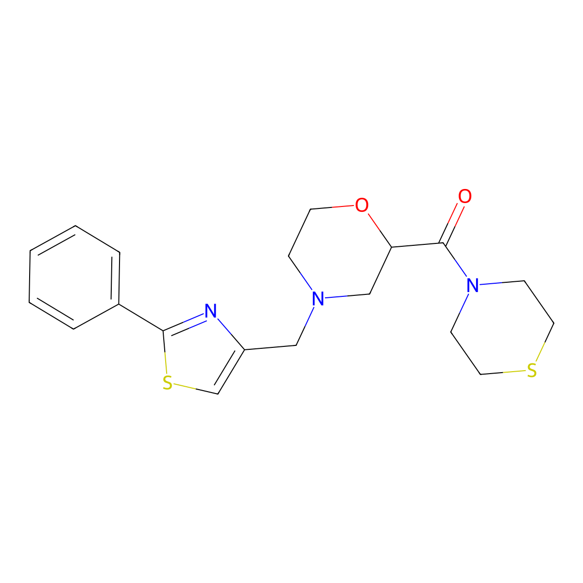 4-[(2-Phenyl-1,3-thiazol-4-yl)methyl]-2-(thiomorpholine-4-carbonyl)morpholine molecular structure, CAS 2549055-66-3