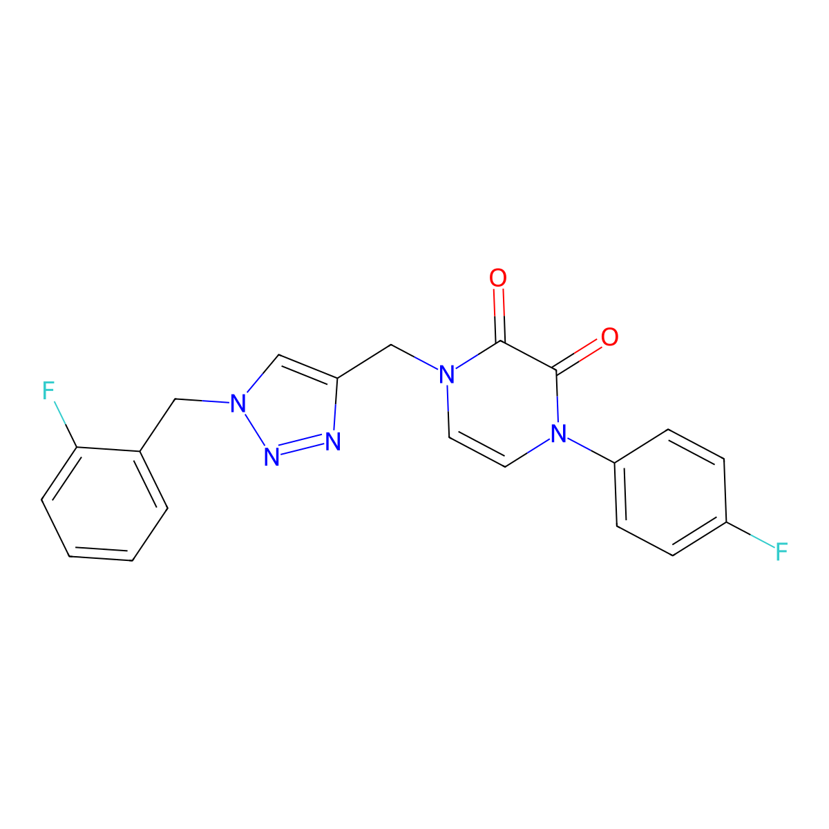 1-(4-fluorophenyl)-4-({1-[(2-fluorophenyl)methyl]-1H-1,2,3-triazol-4-yl}methyl)-1,2,3,4-tetrahydropyrazine-2,3-dione molecular structure, CAS 2549055-75-4