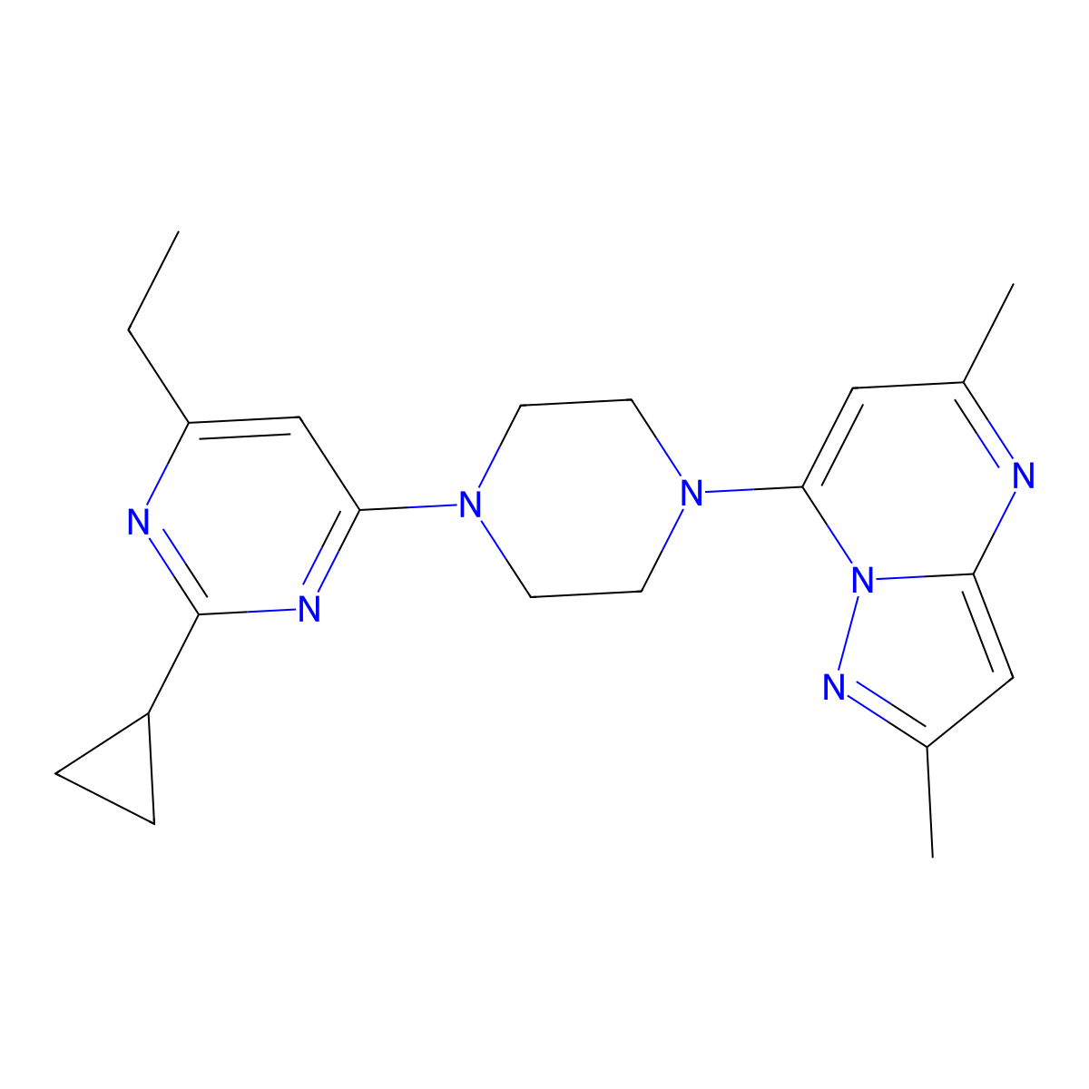 2-Cyclopropyl-4-(4-{2,5-dimethylpyrazolo[1,5-a]pyrimidin-7-yl}piperazin-1-yl)-6-ethylpyrimidine molecular structure, CAS 2549055-81-2