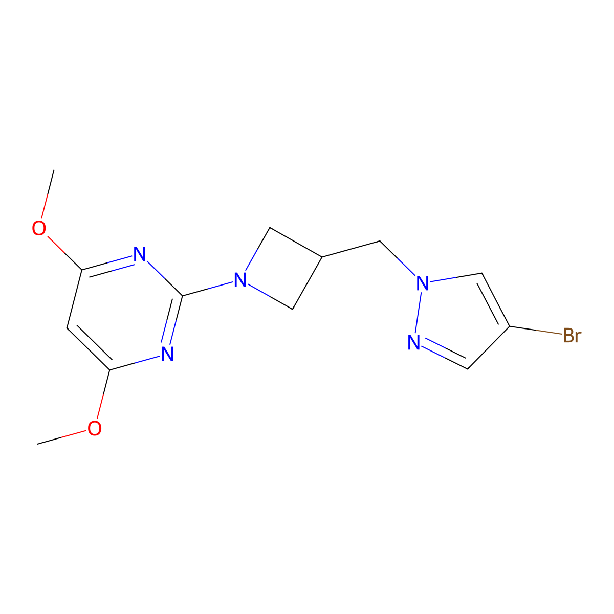 2-{3-[(4-bromo-1H-pyrazol-1-yl)methyl]azetidin-1-yl}-4,6-dimethoxypyrimidine molecular structure, CAS 2549055-90-3