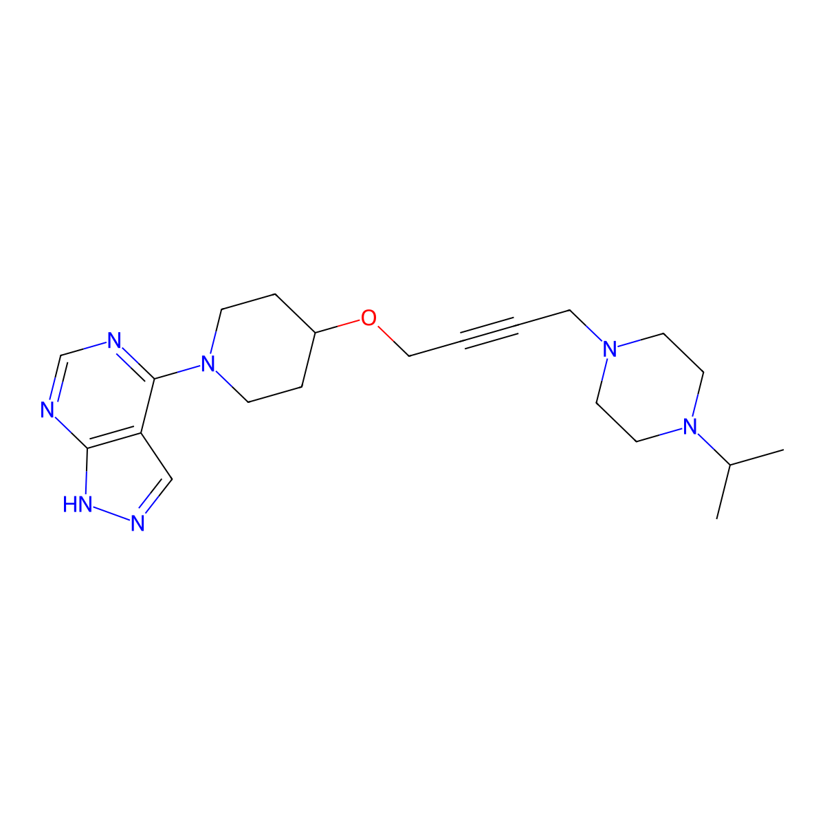 1-(propan-2-yl)-4-{4-[(1-{1H-pyrazolo[3,4-d]pyrimidin-4-yl}piperidin-4-yl)oxy]but-2-yn-1-yl}piperazine molecular structure, CAS 2549055-91-4