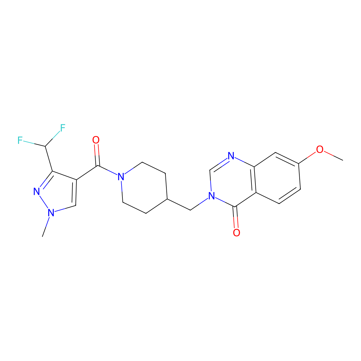 3-({1-[3-(difluoromethyl)-1-methyl-1H-pyrazole-4-carbonyl]piperidin-4-yl}methyl)-7-methoxy-3,4-dihydroquinazolin-4-one molecular structure, CAS 2549055-97-0