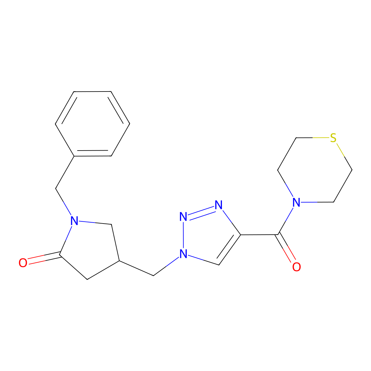 1-benzyl-4-{[4-(thiomorpholine-4-carbonyl)-1H-1,2,3-triazol-1-yl]methyl}pyrrolidin-2-one molecular structure, CAS 2549056-03-1