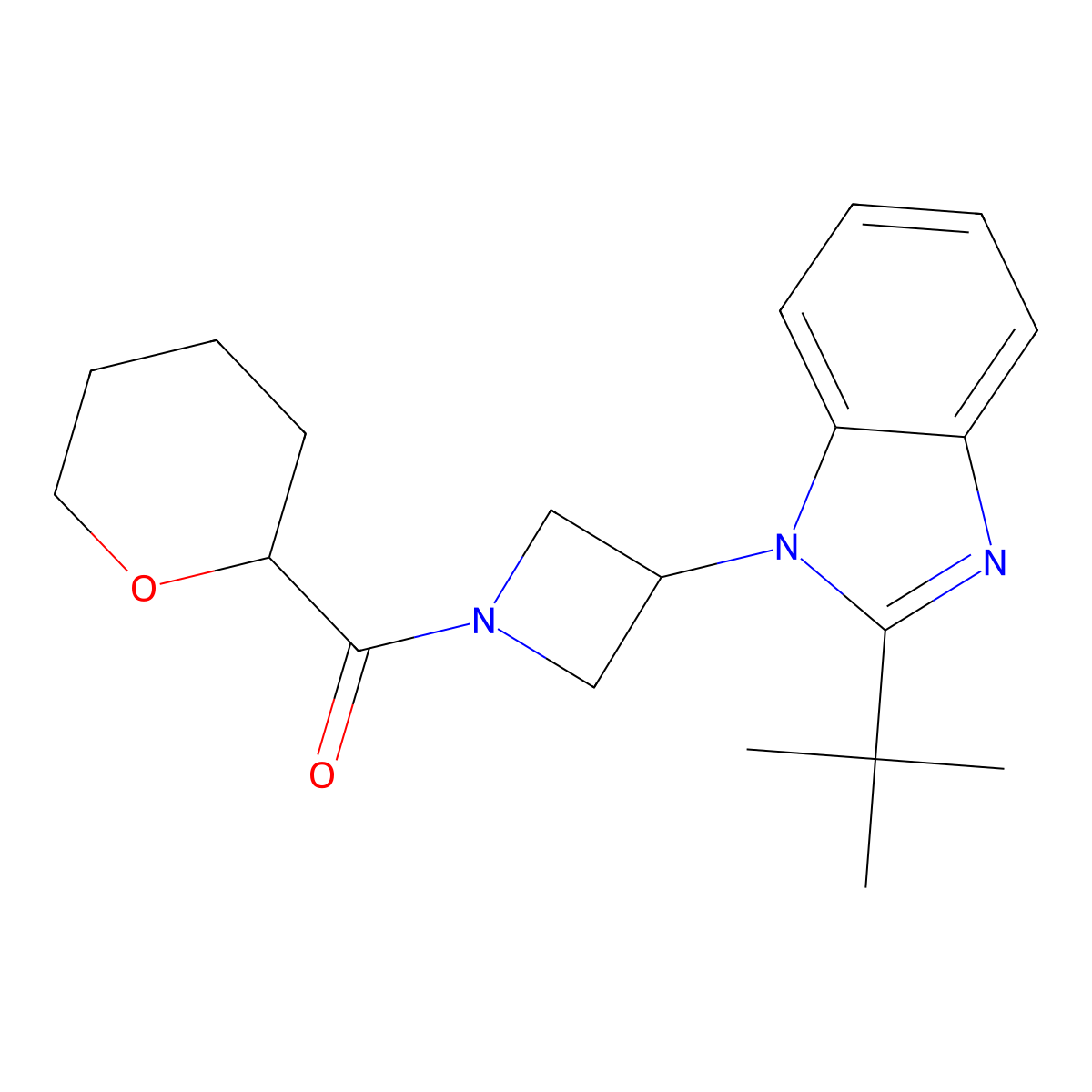 2-tert-butyl-1-[1-(oxane-2-carbonyl)azetidin-3-yl]-1H-1,3-benzodiazole molecular structure, CAS 2549056-05-3