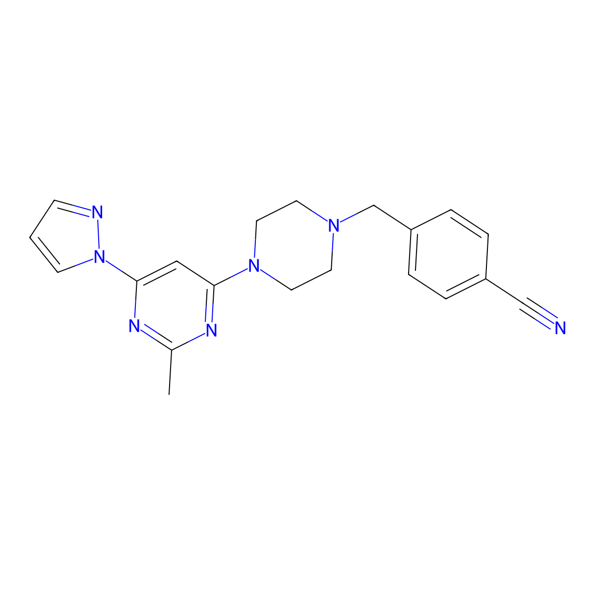 4-({4-[2-methyl-6-(1H-pyrazol-1-yl)pyrimidin-4-yl]piperazin-1-yl}methyl)benzonitrile molecular structure, CAS 2549056-14-4