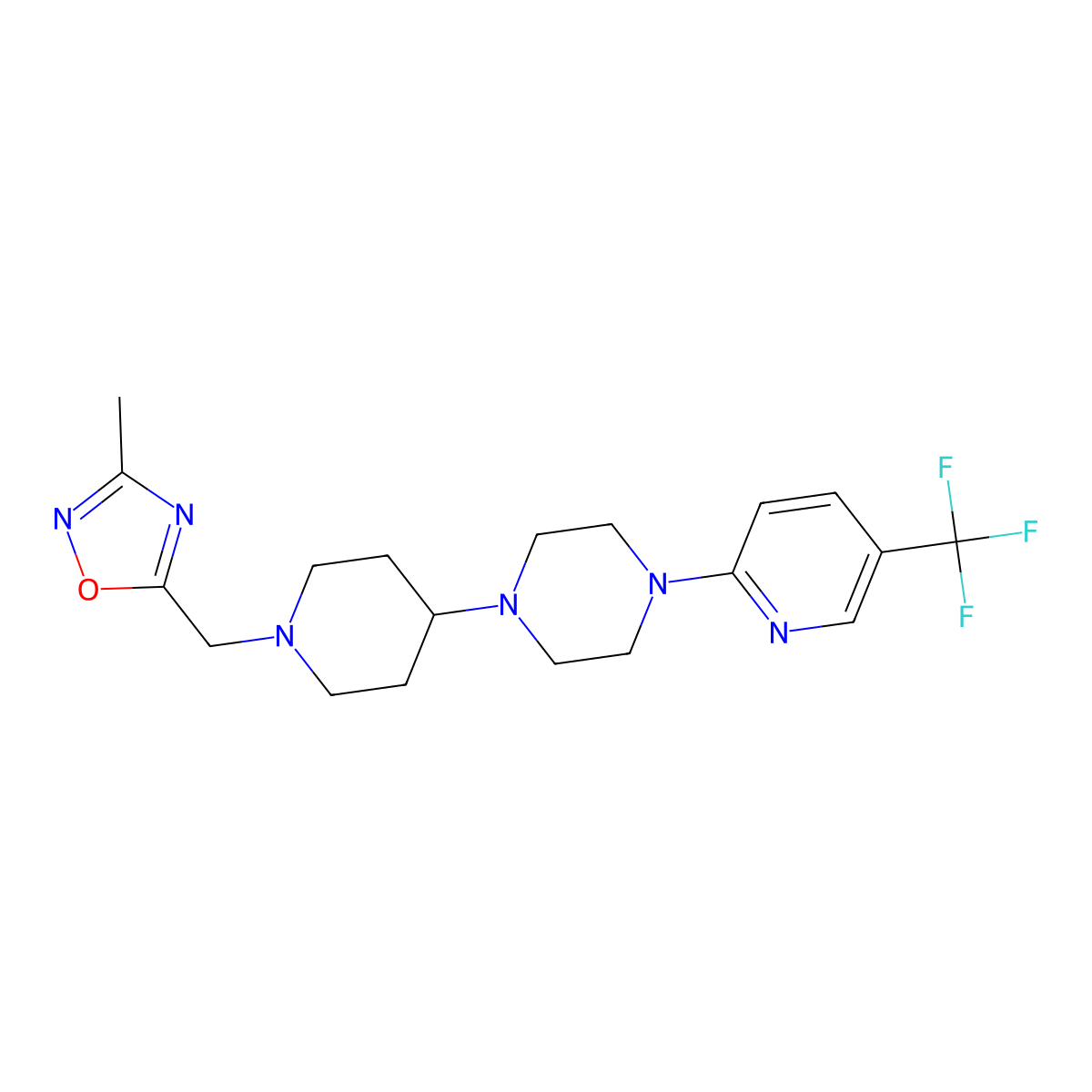 1-{1-[(3-Methyl-1,2,4-oxadiazol-5-yl)methyl]piperidin-4-yl}-4-[5-(trifluoromethyl)pyridin-2-yl]piperazine molecular structure, CAS 2549056-15-5