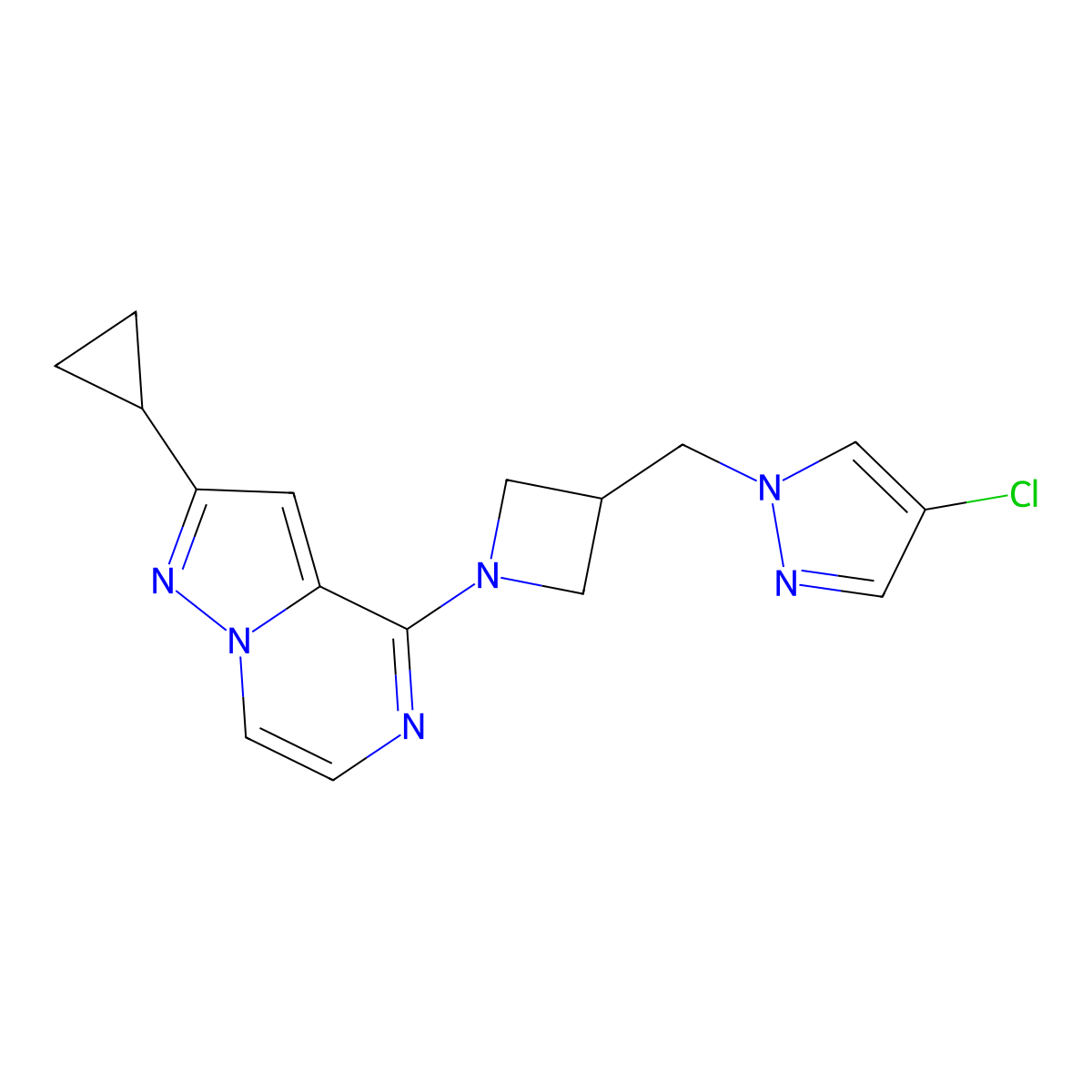 4-chloro-1-[(1-{2-cyclopropylpyrazolo[1,5-a]pyrazin-4-yl}azetidin-3-yl)methyl]-1H-pyrazole molecular structure, CAS 2549056-21-3