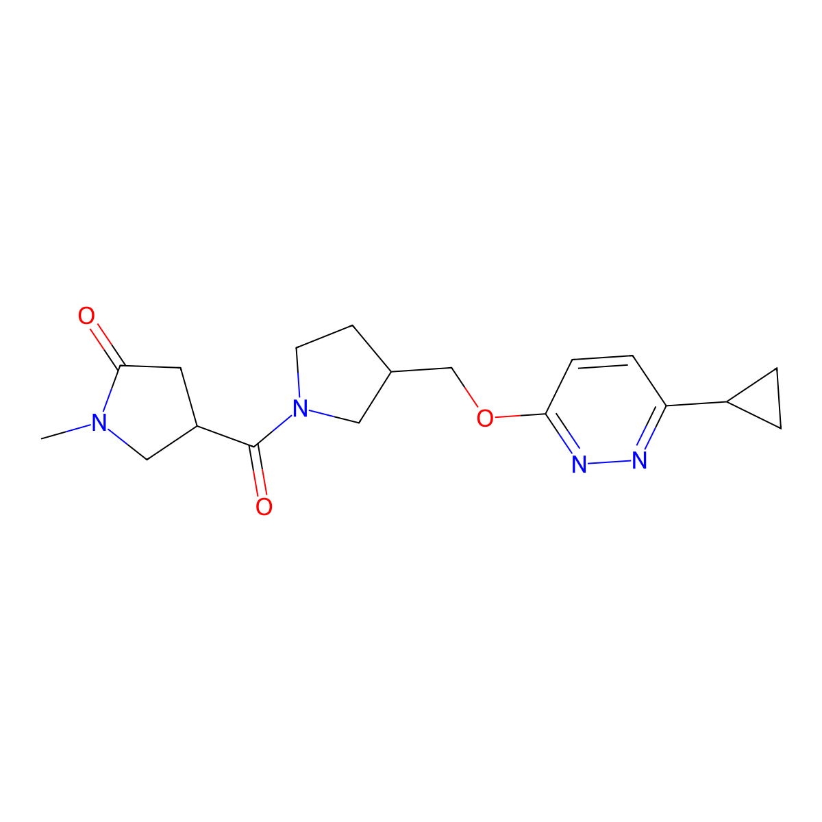 4-(3-{[(6-Cyclopropylpyridazin-3-yl)oxy]methyl}pyrrolidine-1-carbonyl)-1-methylpyrrolidin-2-one molecular structure, CAS 2549056-22-4