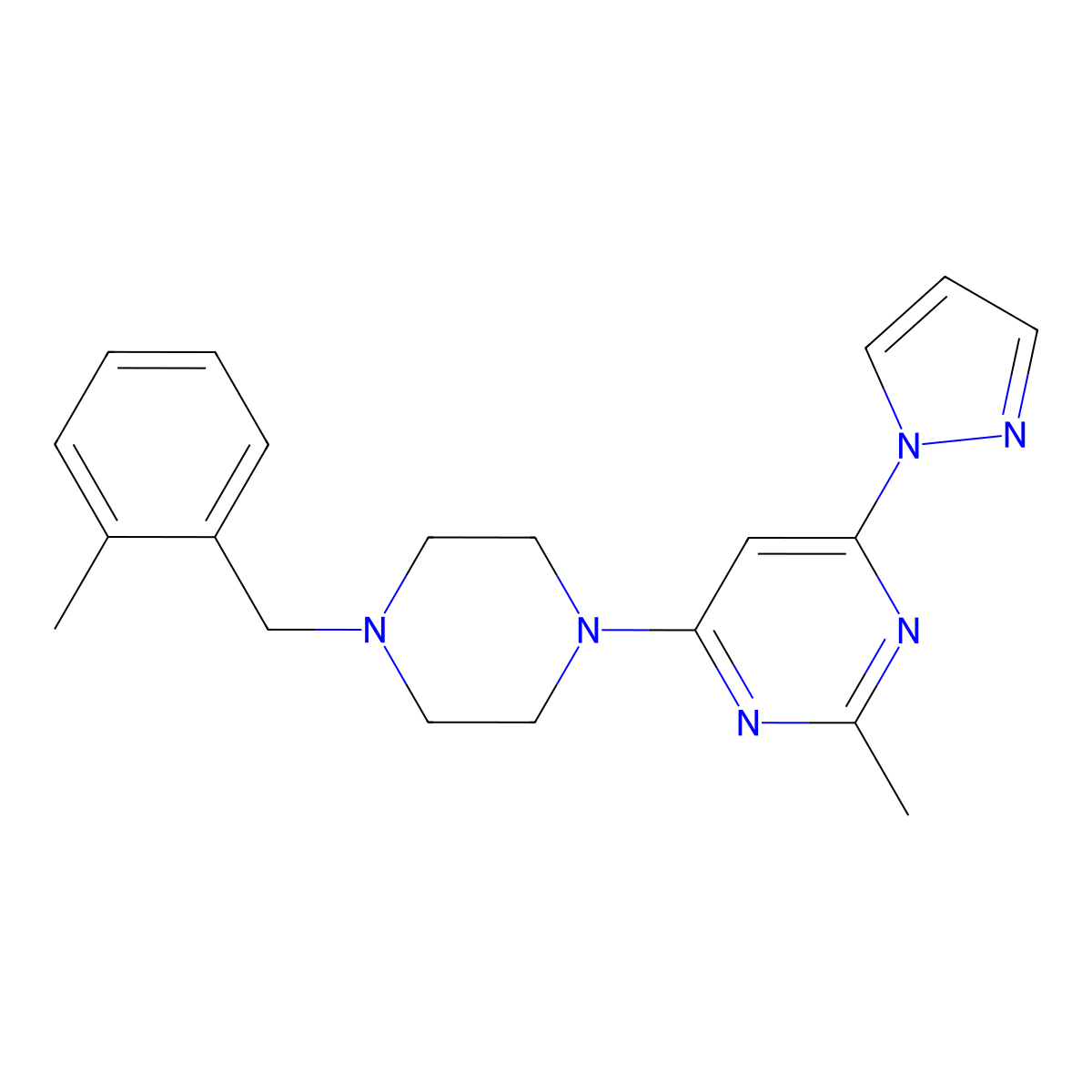 2-methyl-4-{4-[(2-methylphenyl)methyl]piperazin-1-yl}-6-(1H-pyrazol-1-yl)pyrimidine molecular structure, CAS 2549056-26-8