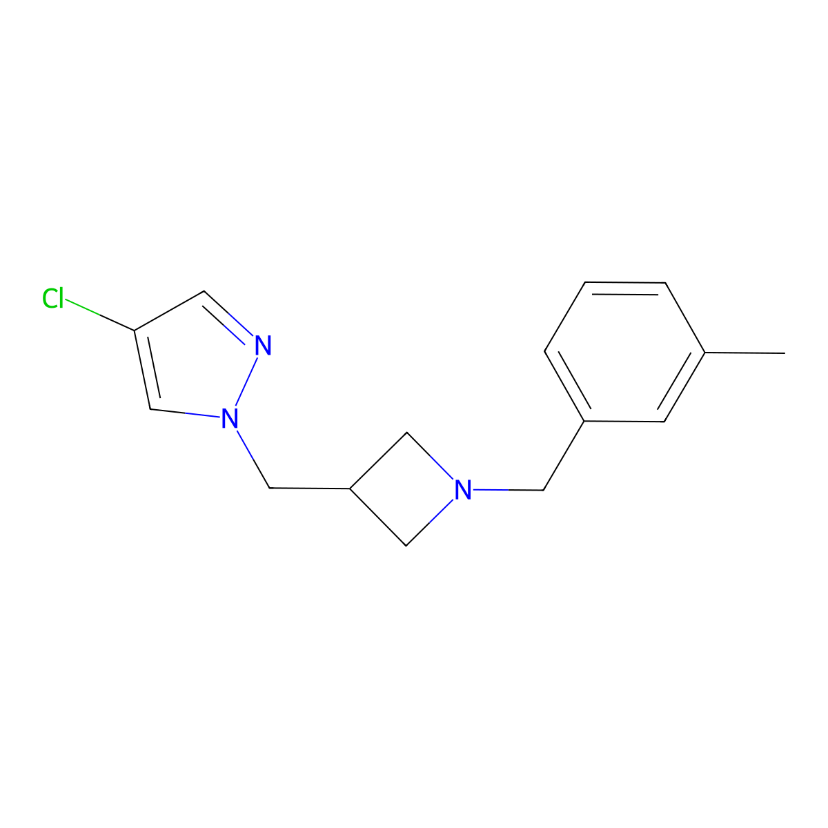 4-chloro-1-({1-[(3-methylphenyl)methyl]azetidin-3-yl}methyl)-1H-pyrazole molecular structure, CAS 2549056-28-0