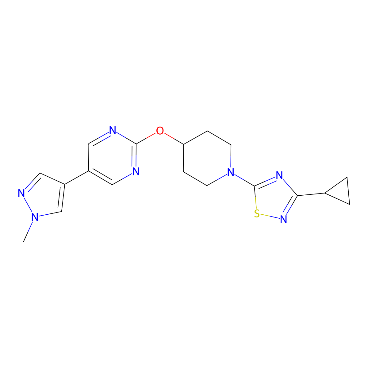 2-{[1-(3-cyclopropyl-1,2,4-thiadiazol-5-yl)piperidin-4-yl]oxy}-5-(1-methyl-1H-pyrazol-4-yl)pyrimidine molecular structure, CAS 2549056-33-7