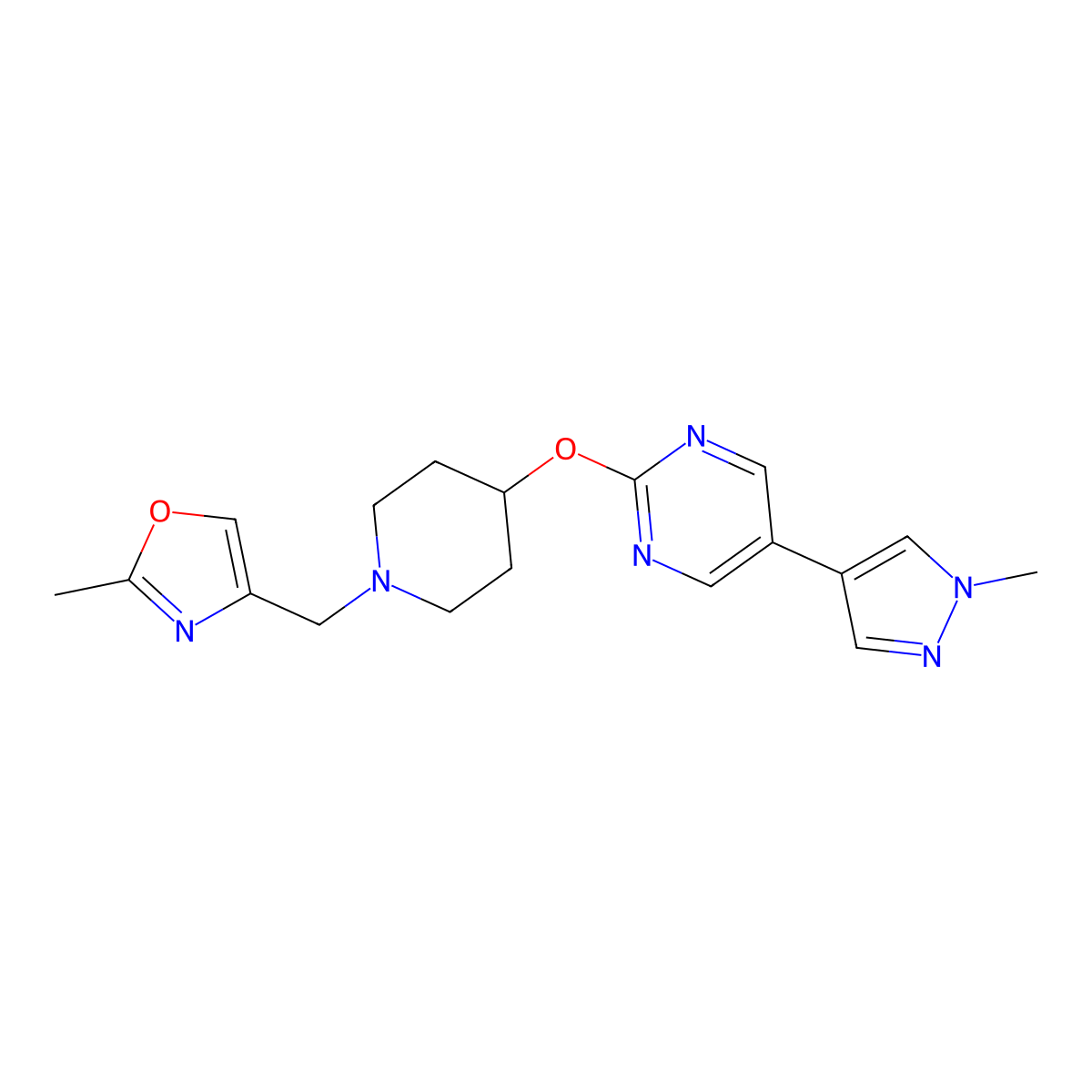 2-({1-[(2-methyl-1,3-oxazol-4-yl)methyl]piperidin-4-yl}oxy)-5-(1-methyl-1H-pyrazol-4-yl)pyrimidine molecular structure, CAS 2549056-34-8