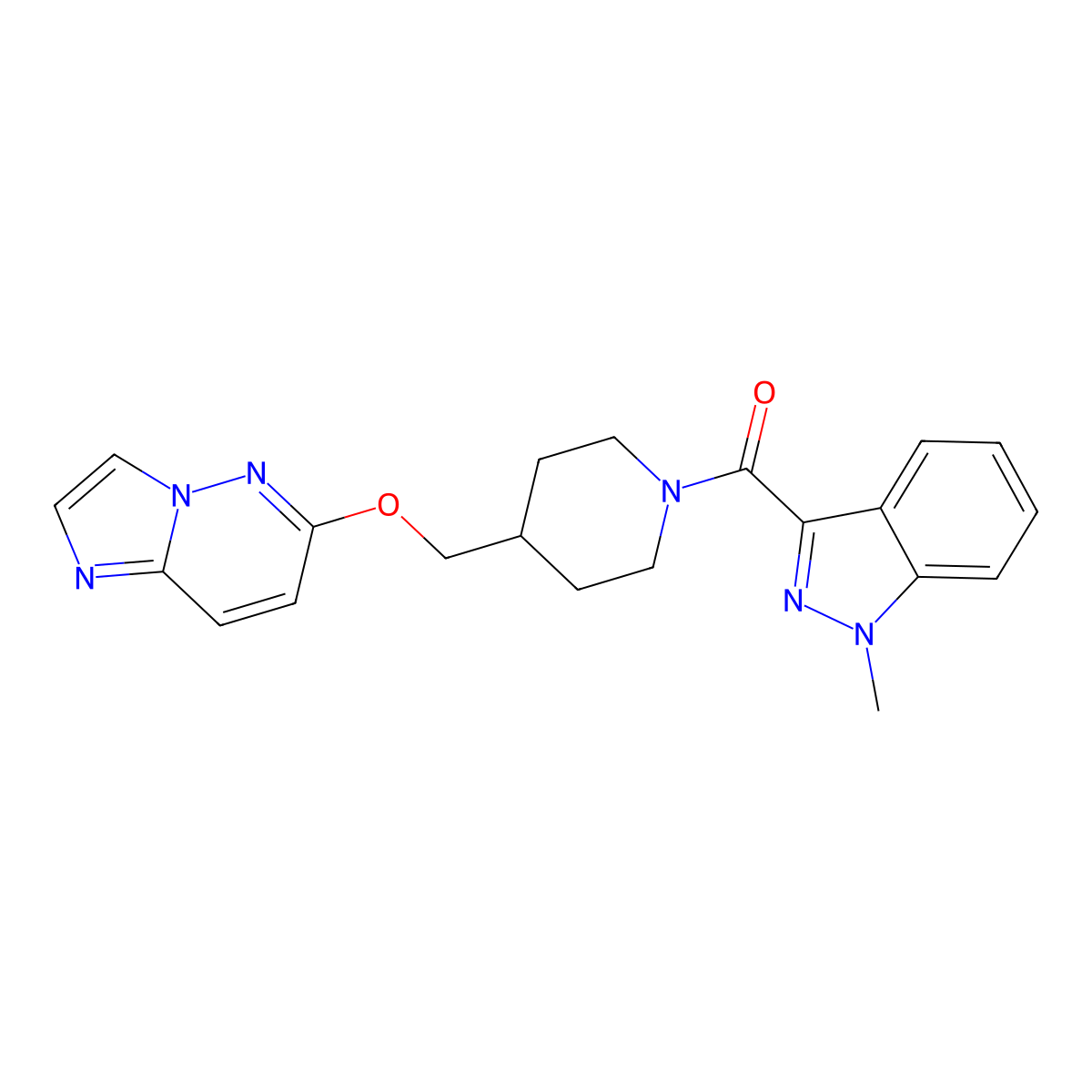 3-[4-({imidazo[1,2-b]pyridazin-6-yloxy}methyl)piperidine-1-carbonyl]-1-methyl-1H-indazole molecular structure, CAS 2549056-36-0