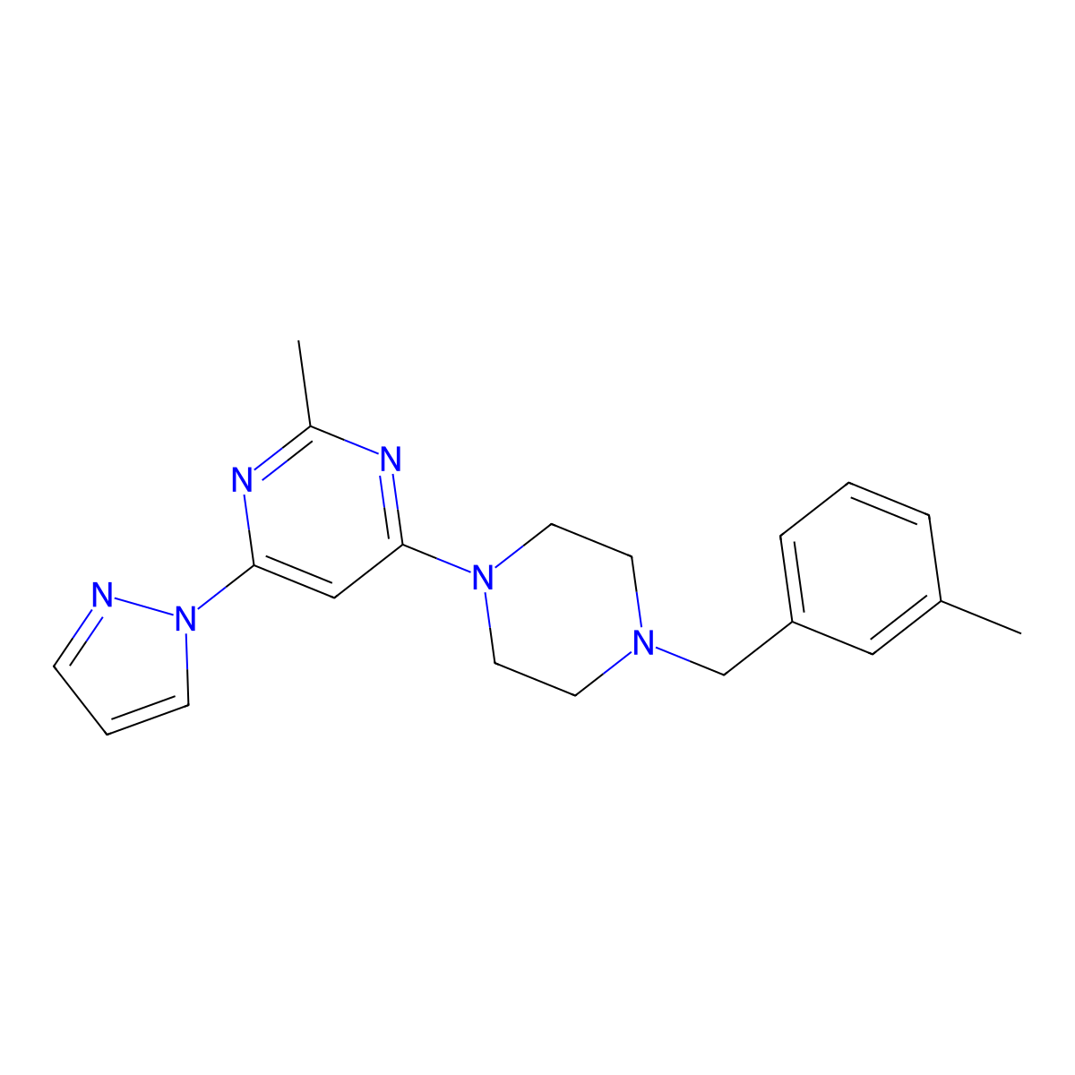 2-methyl-4-{4-[(3-methylphenyl)methyl]piperazin-1-yl}-6-(1H-pyrazol-1-yl)pyrimidine molecular structure, CAS 2549056-38-2