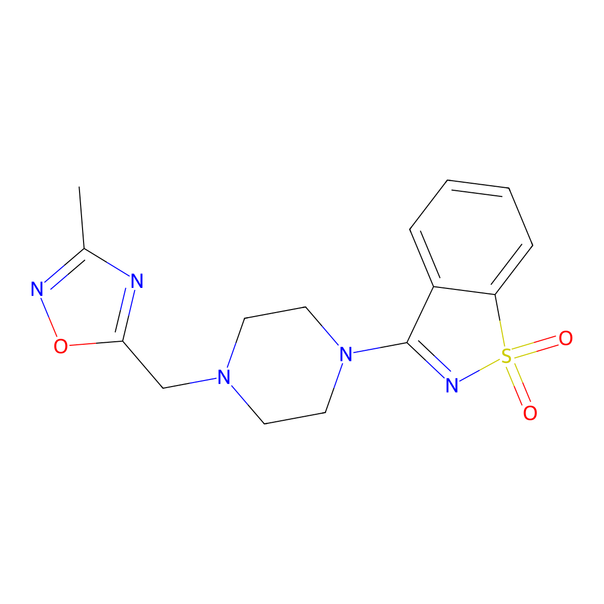 3-{4-[(3-Methyl-1,2,4-oxadiazol-5-yl)methyl]piperazin-1-yl}-1lambda6,2-benzothiazole-1,1-dione molecular structure, CAS 2549056-44-0