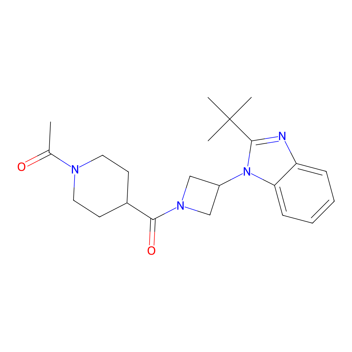 1-{4-[3-(2-tert-butyl-1H-1,3-benzodiazol-1-yl)azetidine-1-carbonyl]piperidin-1-yl}ethan-1-one molecular structure, CAS 2549056-54-2