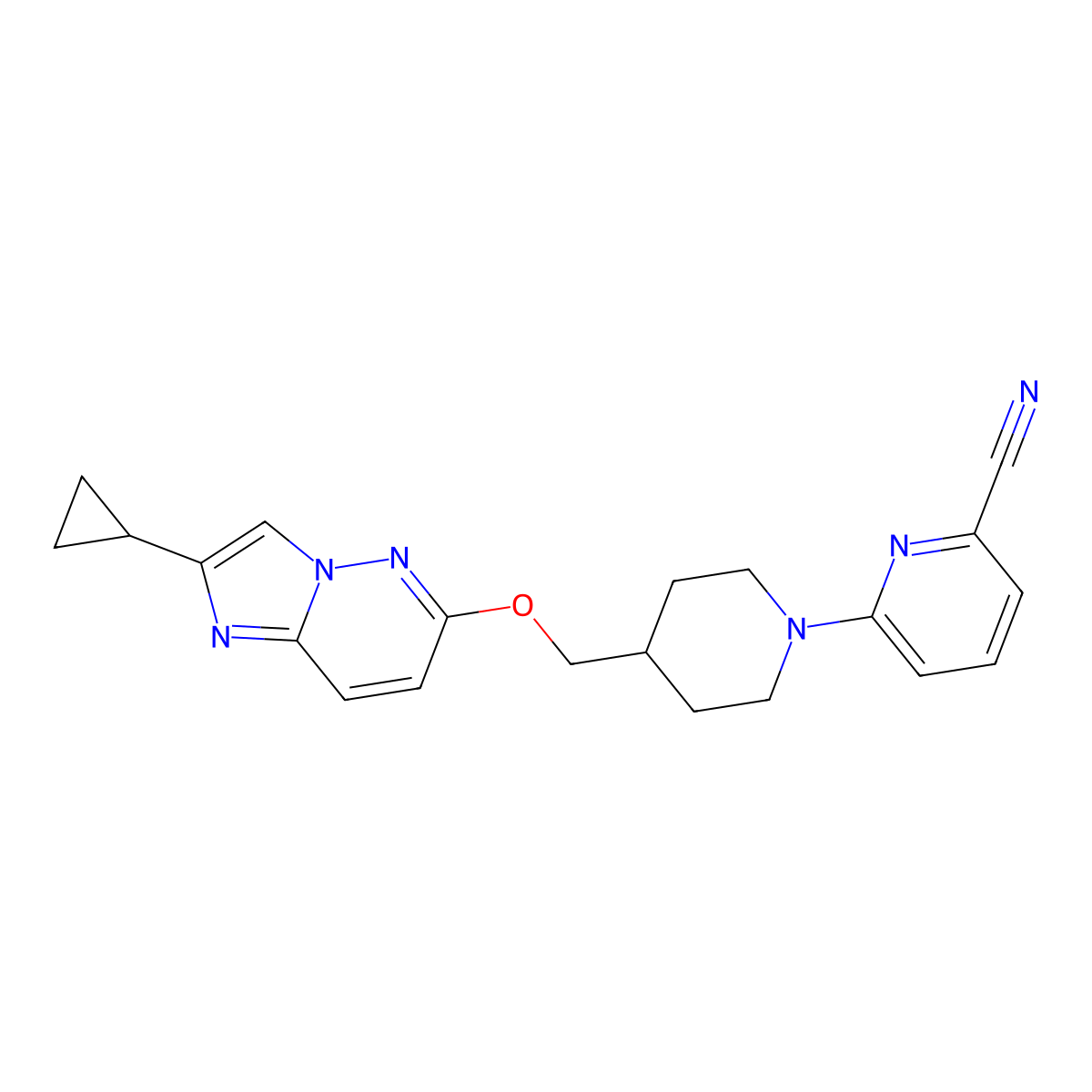 6-{4-[({2-Cyclopropylimidazo[1,2-b]pyridazin-6-yl}oxy)methyl]piperidin-1-yl}pyridine-2-carbonitrile molecular structure, CAS 2549056-66-6