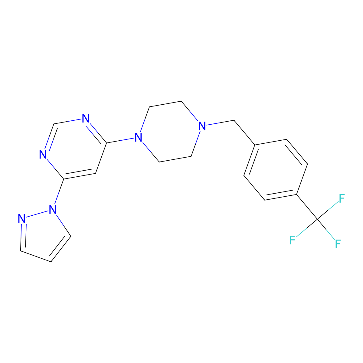4-(1H-pyrazol-1-yl)-6-(4-{[4-(trifluoromethyl)phenyl]methyl}piperazin-1-yl)pyrimidine molecular structure, CAS 2549056-74-6