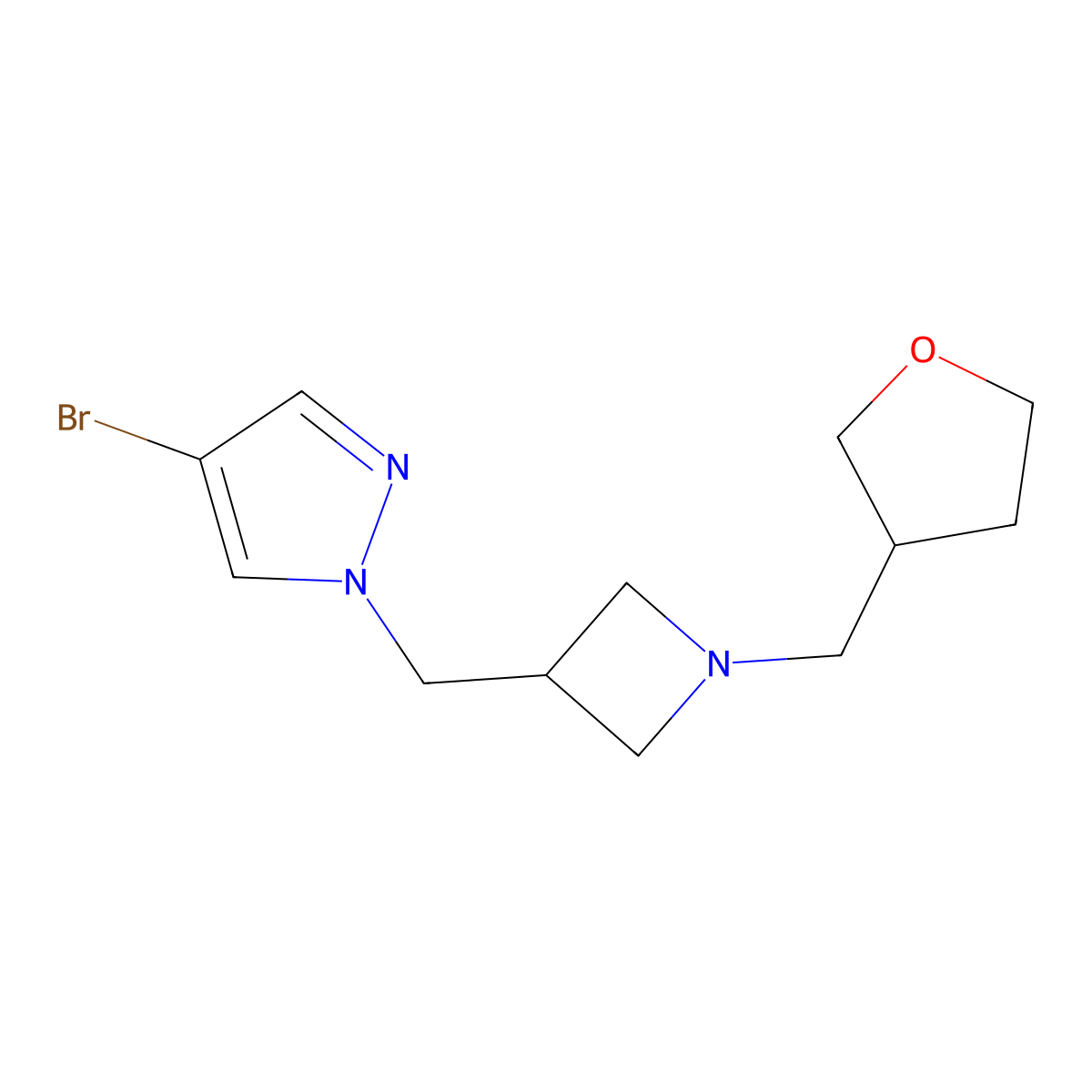 4-bromo-1-({1-[(oxolan-3-yl)methyl]azetidin-3-yl}methyl)-1H-pyrazole molecular structure, CAS 2549056-81-5