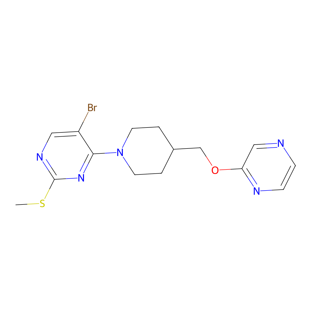 5-Bromo-2-(methylsulfanyl)-4-{4-[(pyrazin-2-yloxy)methyl]piperidin-1-yl}pyrimidine molecular structure, CAS 2549056-84-8