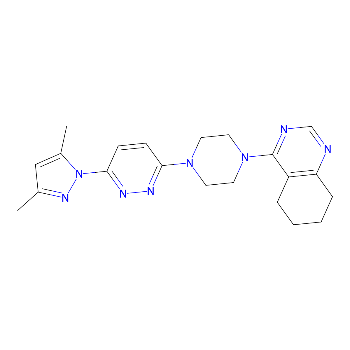 4-{4-[6-(3,5-dimethyl-1H-pyrazol-1-yl)pyridazin-3-yl]piperazin-1-yl}-5,6,7,8-tetrahydroquinazoline molecular structure, CAS 2549056-88-2