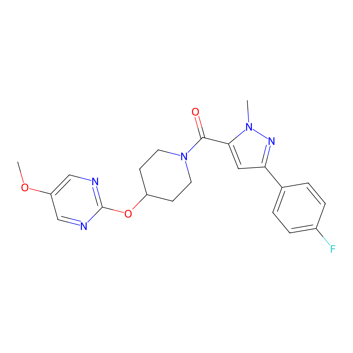 2-({1-[3-(4-fluorophenyl)-1-methyl-1H-pyrazole-5-carbonyl]piperidin-4-yl}oxy)-5-methoxypyrimidine molecular structure, CAS 2549062-42-0