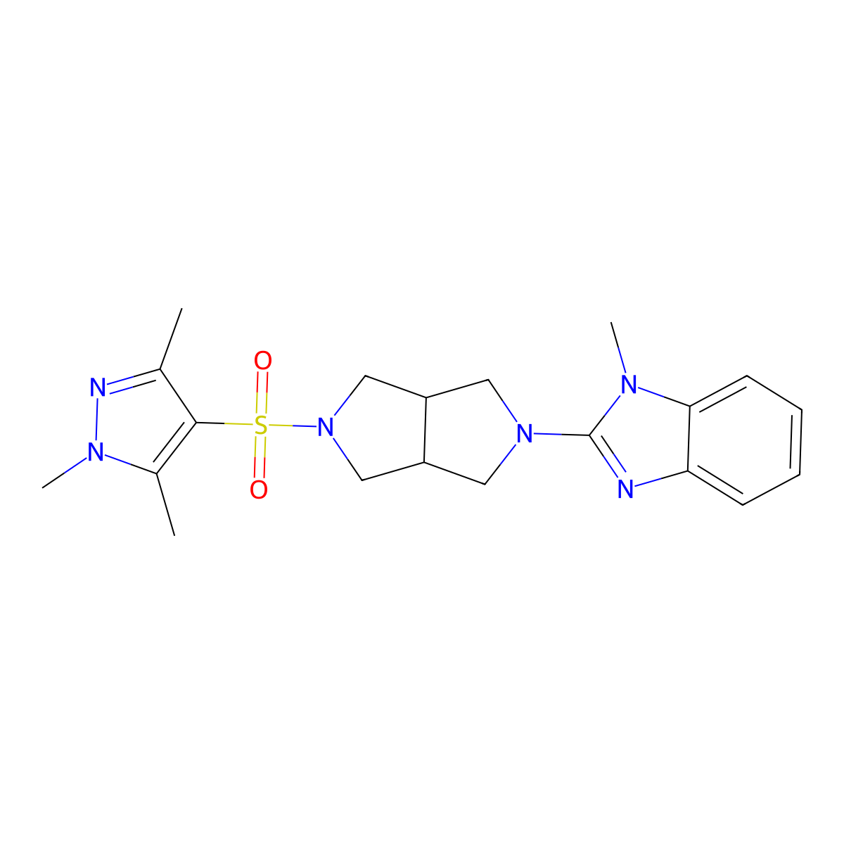 1-methyl-2-{5-[(1,3,5-trimethyl-1H-pyrazol-4-yl)sulfonyl]-octahydropyrrolo[3,4-c]pyrrol-2-yl}-1H-1,3-benzodiazole molecular structure, CAS 2549062-48-6