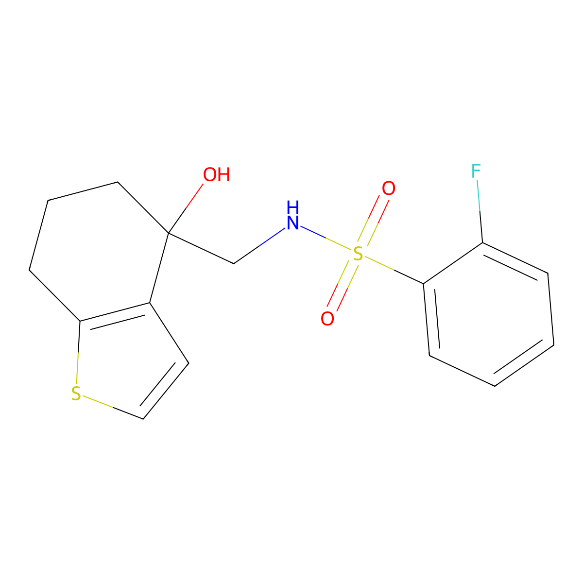 2-fluoro-N-[(4-hydroxy-4,5,6,7-tetrahydro-1-benzothiophen-4-yl)methyl]benzene-1-sulfonamide molecular structure, CAS 2549062-49-7