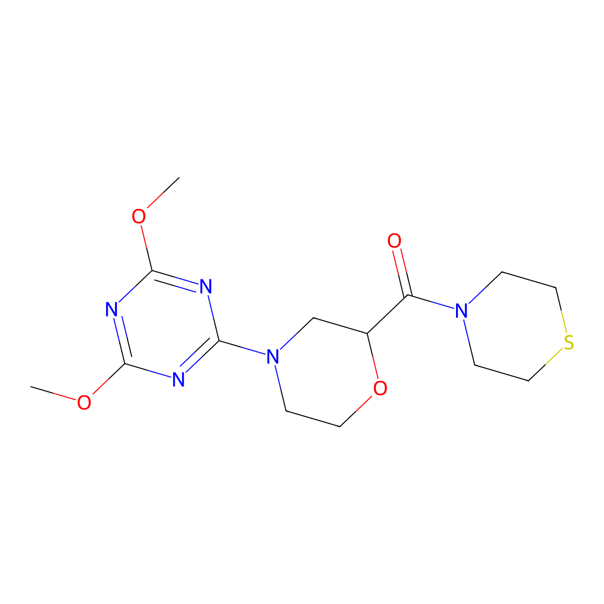 2,4-Dimethoxy-6-[2-(thiomorpholine-4-carbonyl)morpholin-4-yl]-1,3,5-triazine molecular structure, CAS 2549062-51-1