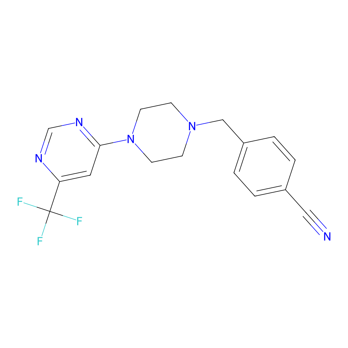 4-({4-[6-(Trifluoromethyl)pyrimidin-4-yl]piperazin-1-yl}methyl)benzonitrile molecular structure, CAS 2549062-73-7