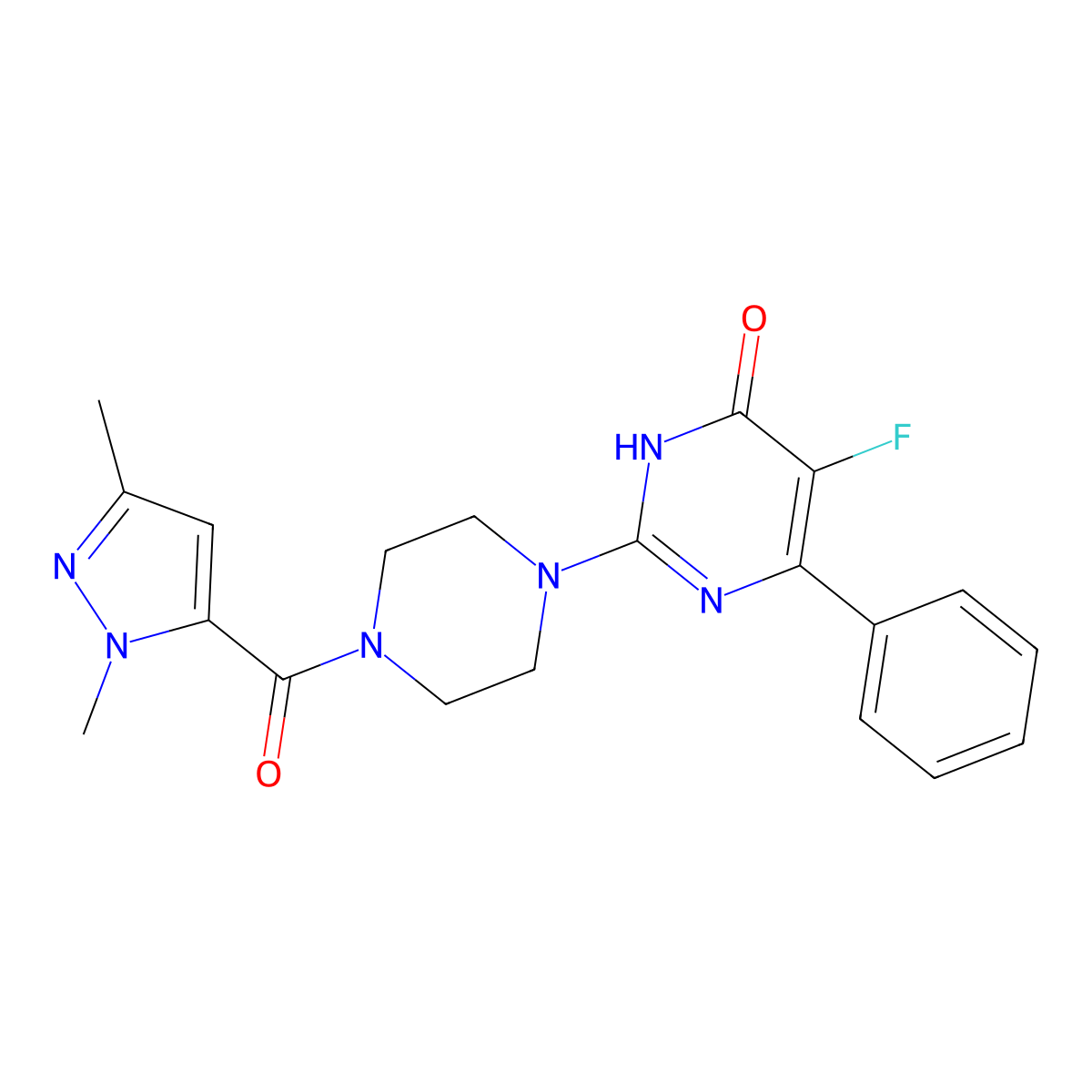2-[4-(1,3-dimethyl-1H-pyrazole-5-carbonyl)piperazin-1-yl]-5-fluoro-6-phenyl-3,4-dihydropyrimidin-4-one molecular structure, CAS 2549062-74-8