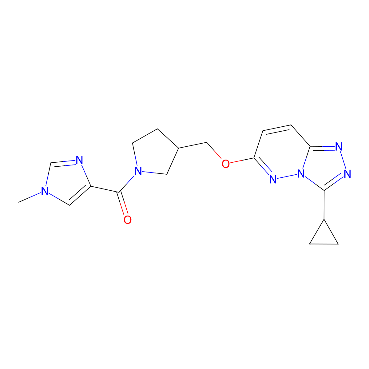 4-{3-[({3-cyclopropyl-[1,2,4]triazolo[4,3-b]pyridazin-6-yl}oxy)methyl]pyrrolidine-1-carbonyl}-1-methyl-1H-imidazole molecular structure, CAS 2549062-81-7