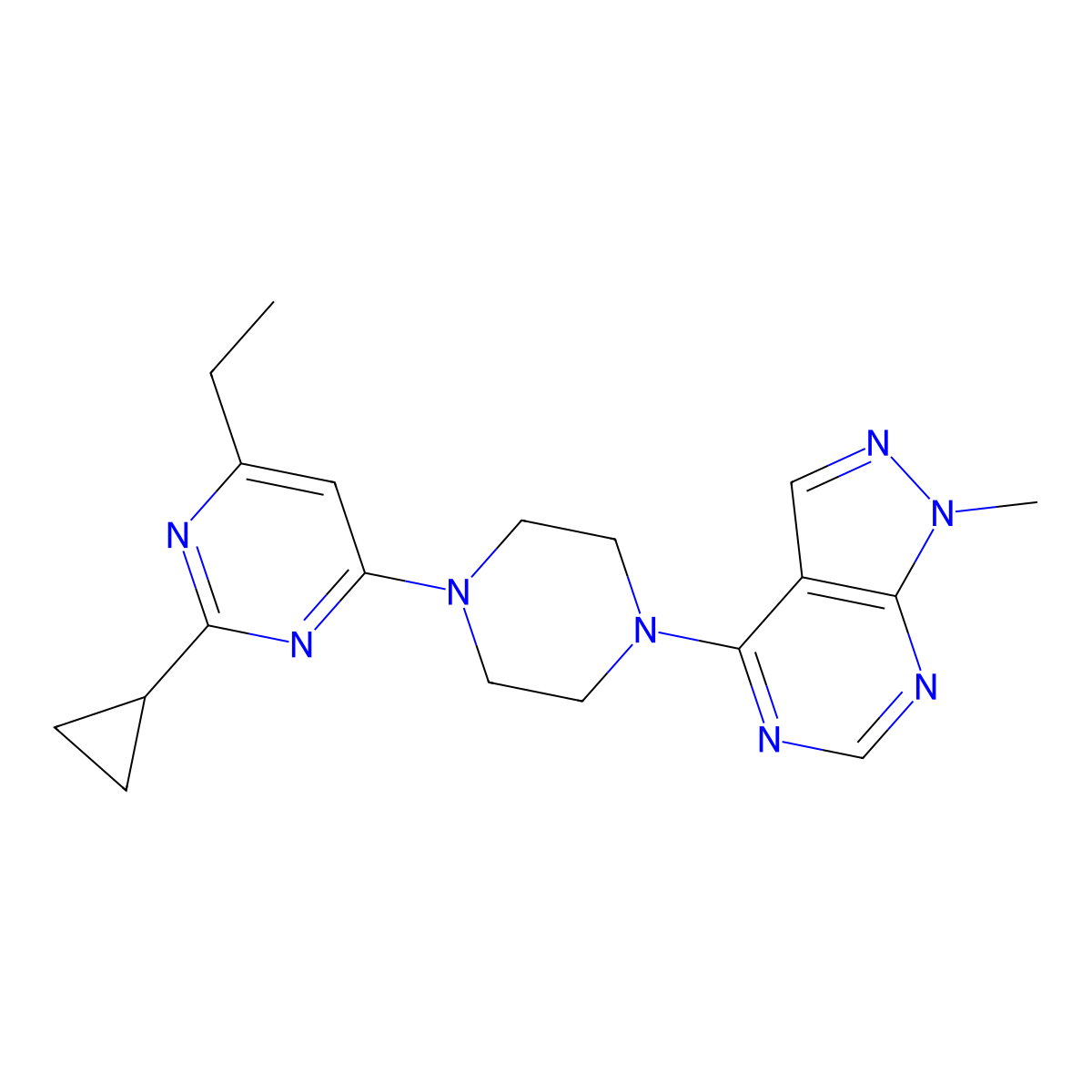 2-cyclopropyl-4-ethyl-6-(4-{1-methyl-1H-pyrazolo[3,4-d]pyrimidin-4-yl}piperazin-1-yl)pyrimidine molecular structure, CAS 2549063-01-4