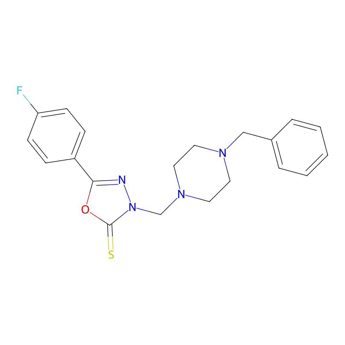 3-[(4-Benzylpiperazin-1-yl)methyl]-5-(4-fluorophenyl)-2,3-dihydro-1,3,4-oxadiazole-2-thione molecular structure, CAS 2549063-10-5
