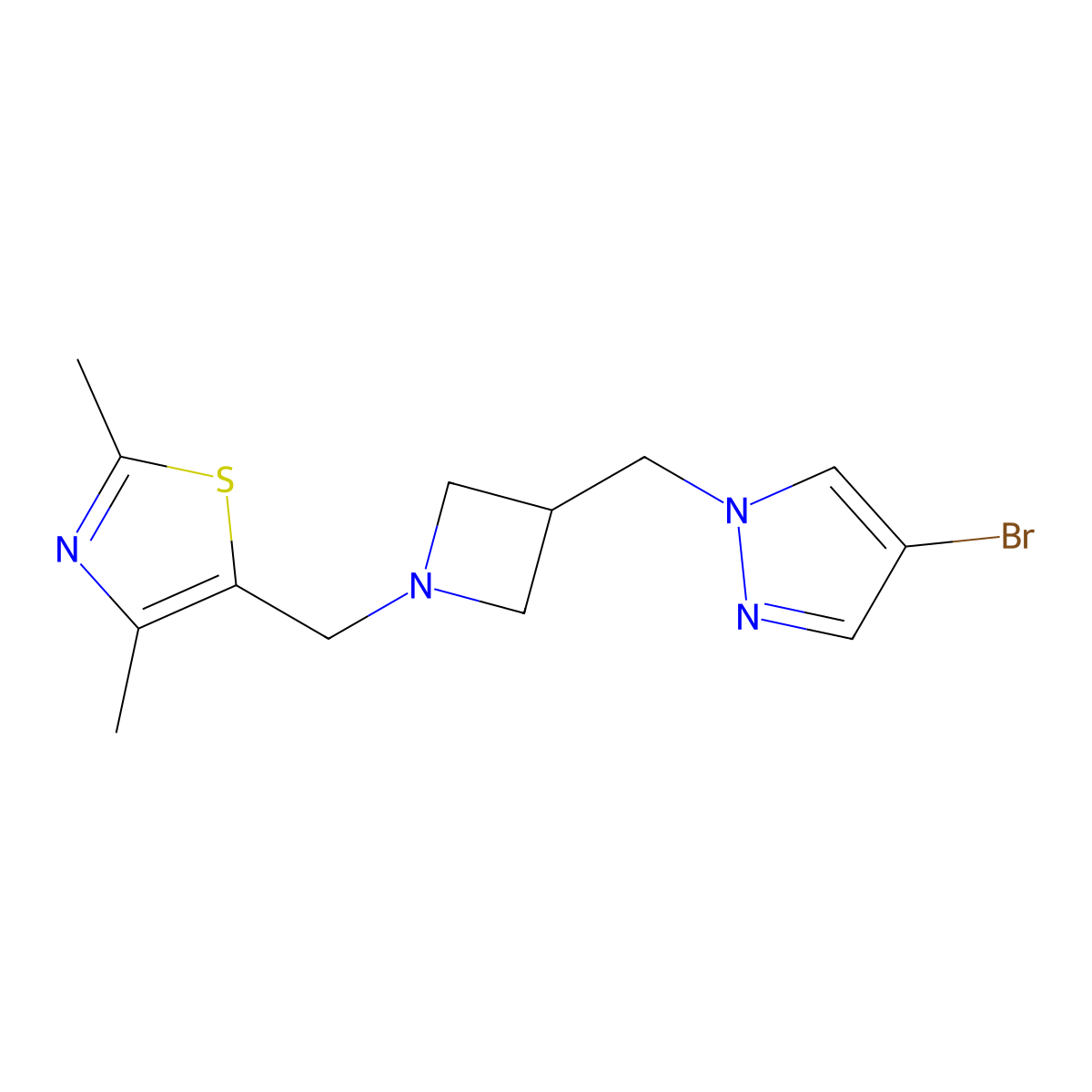 5-({3-[(4-bromo-1H-pyrazol-1-yl)methyl]azetidin-1-yl}methyl)-2,4-dimethyl-1,3-thiazole molecular structure, CAS 2549063-12-7