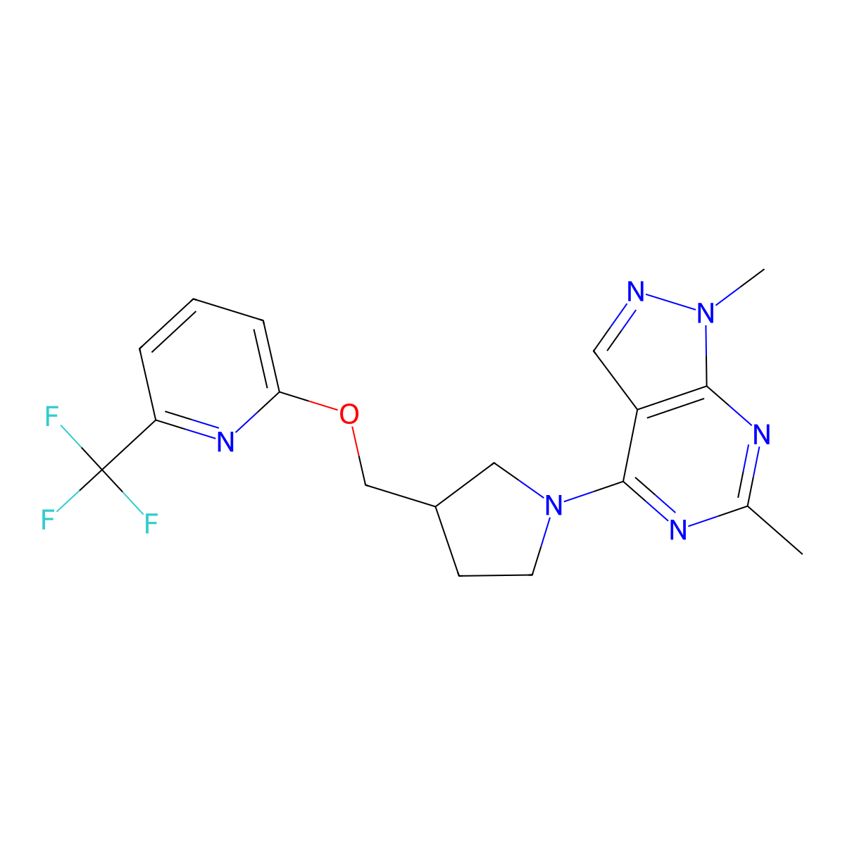 2-[(1-{1,6-dimethyl-1H-pyrazolo[3,4-d]pyrimidin-4-yl}pyrrolidin-3-yl)methoxy]-6-(trifluoromethyl)pyridine molecular structure, CAS 2549063-28-5