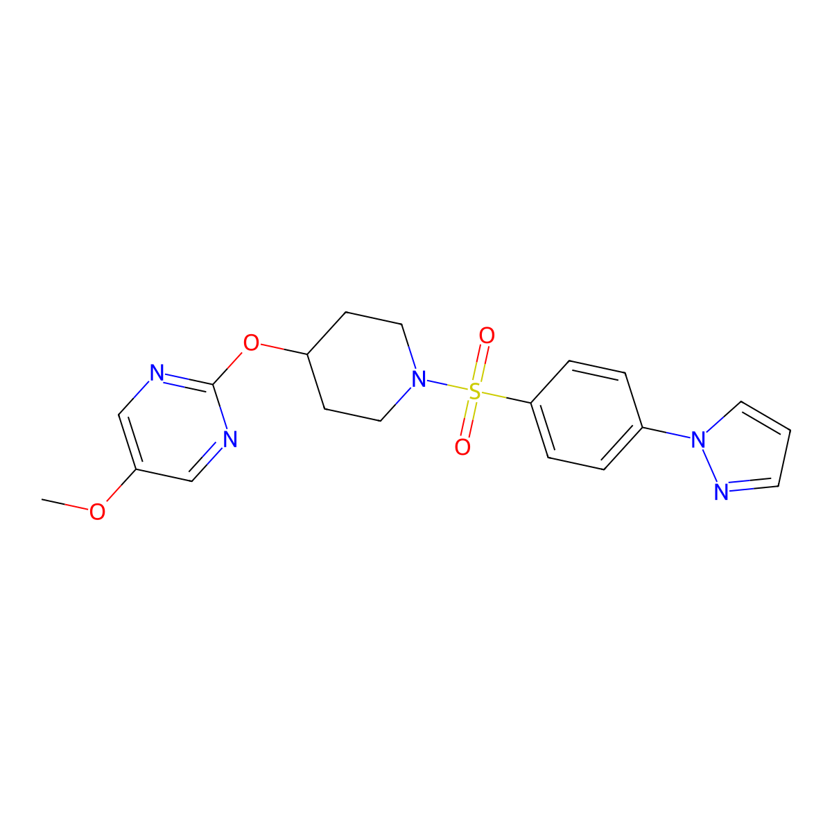 5-methoxy-2-({1-[4-(1H-pyrazol-1-yl)benzenesulfonyl]piperidin-4-yl}oxy)pyrimidine molecular structure, CAS 2549063-37-6