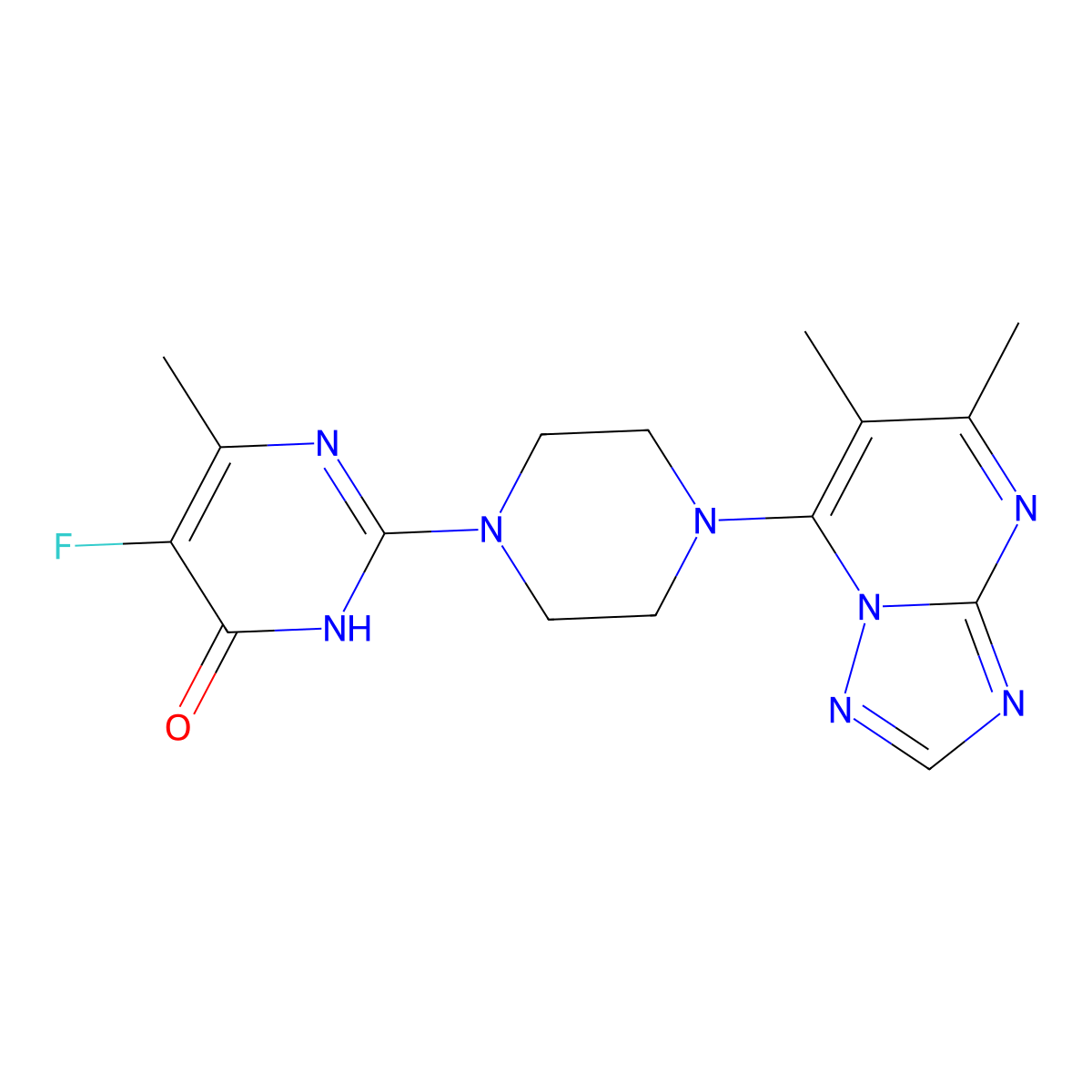 2-(4-{5,6-Dimethyl-[1,2,4]triazolo[1,5-a]pyrimidin-7-yl}piperazin-1-yl)-5-fluoro-6-methyl-3,4-dihydropyrimidin-4-one molecular structure, CAS 2549063-38-7