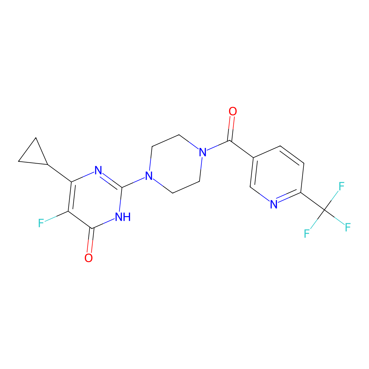 6-Cyclopropyl-5-fluoro-2-{4-[6-(trifluoromethyl)pyridine-3-carbonyl]piperazin-1-yl}-3,4-dihydropyrimidin-4-one molecular structure, CAS 2549063-44-5