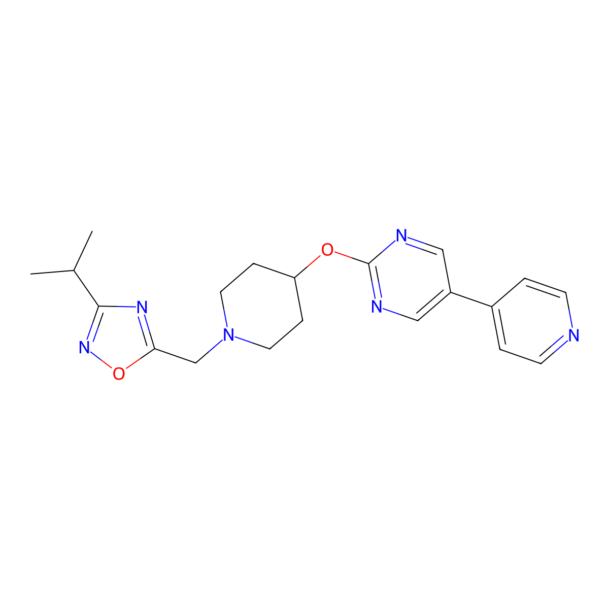 2-[(1-{[3-(Propan-2-yl)-1,2,4-oxadiazol-5-yl]methyl}piperidin-4-yl)oxy]-5-(pyridin-4-yl)pyrimidine molecular structure, CAS 2549063-53-6