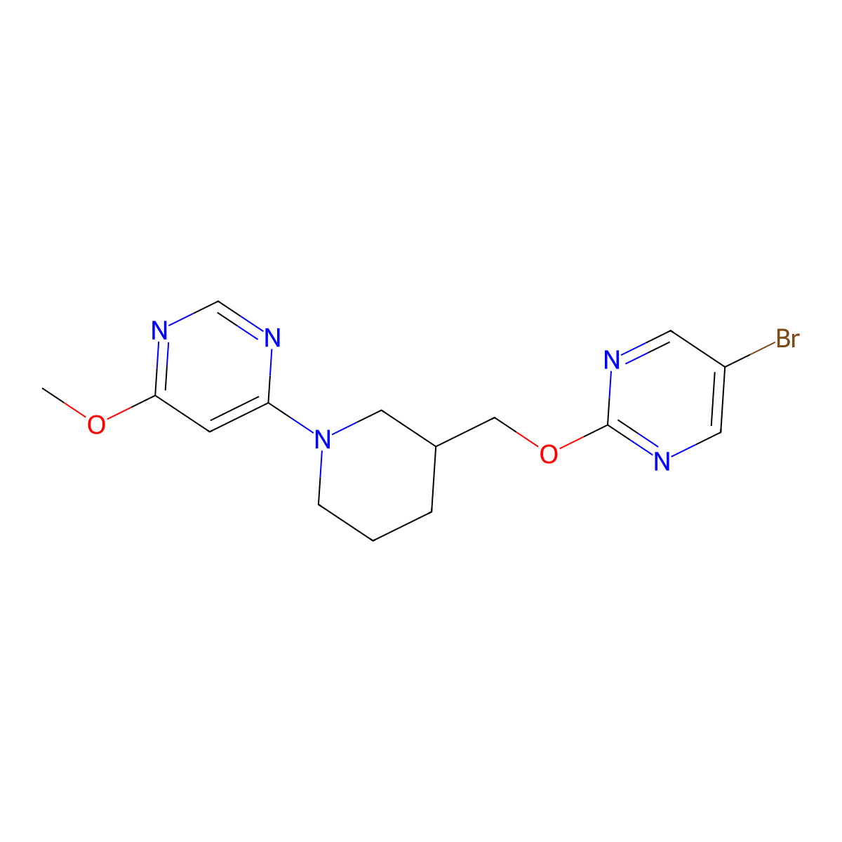 4-(3-{[(5-Bromopyrimidin-2-yl)oxy]methyl}piperidin-1-yl)-6-methoxypyrimidine molecular structure, CAS 2549063-57-0