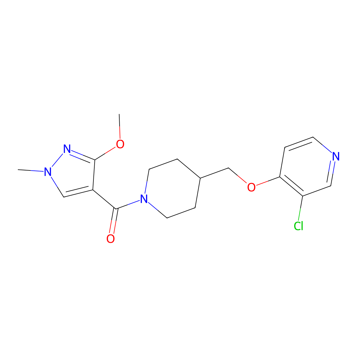 3-chloro-4-{[1-(3-methoxy-1-methyl-1H-pyrazole-4-carbonyl)piperidin-4-yl]methoxy}pyridine molecular structure, CAS 2549063-61-6