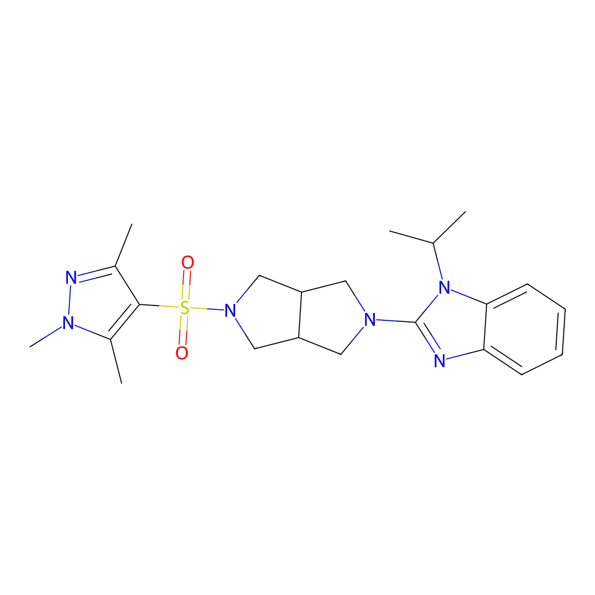 1-(propan-2-yl)-2-{5-[(1,3,5-trimethyl-1H-pyrazol-4-yl)sulfonyl]-octahydropyrrolo[3,4-c]pyrrol-2-yl}-1H-1,3-benzodiazole molecular structure, CAS 2549063-66-1