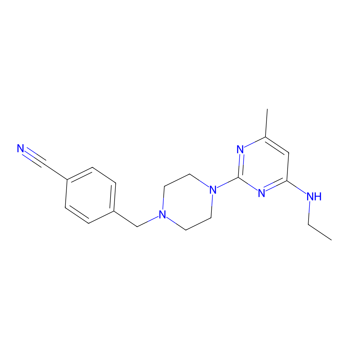 4-({4-[4-(Ethylamino)-6-methylpyrimidin-2-yl]piperazin-1-yl}methyl)benzonitrile molecular structure, CAS 2549063-85-4